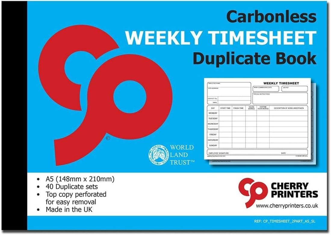 Carbonless weekly timesheet duplicate book